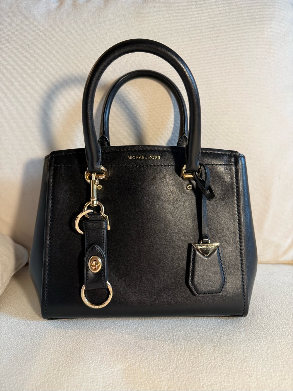 Coach Trigger Snap Bag Charm and key ring in gold and black leather